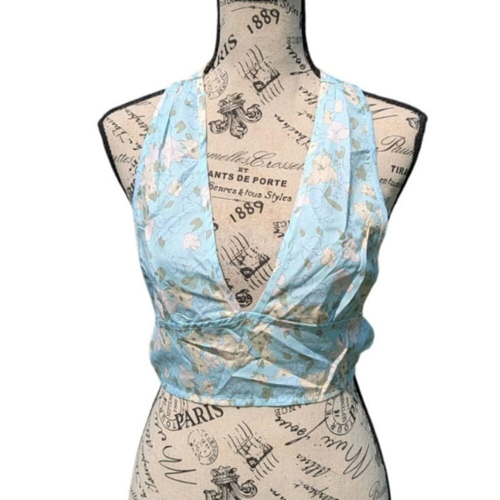 NWT Coquette crop top pastel floral watercolor print stretchy back halter fae